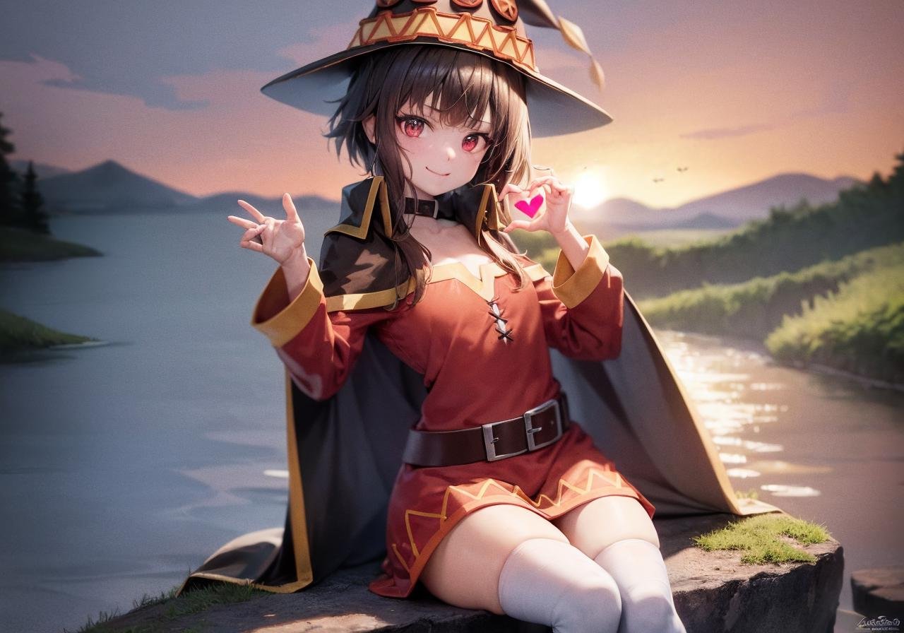 masterpiece,best quality, (Highest picture quality), (Master's work),(8K wallpaper),extremely detailed, perfect lighting,highres,reality ray tracing,1girl,Megumin,megumin's style,sunset,cape,hatsmile,(heart hands:1.2),sitting on stone,forest,river,butterfly,mushroom <lora:Megumin_V1.0-000006:1>