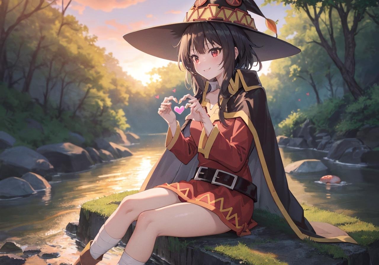 masterpiece,best quality, (Highest picture quality), (Master's work),(8K wallpaper),extremely detailed, perfect lighting,highres,reality ray tracing,1girl,Megumin,megumin's style,sunset,cape,hatsmile,(heart hands:1.2),sitting on stone,forest,river,butterfly,mushroom <lora:Megumin_V1.0-000006:1>