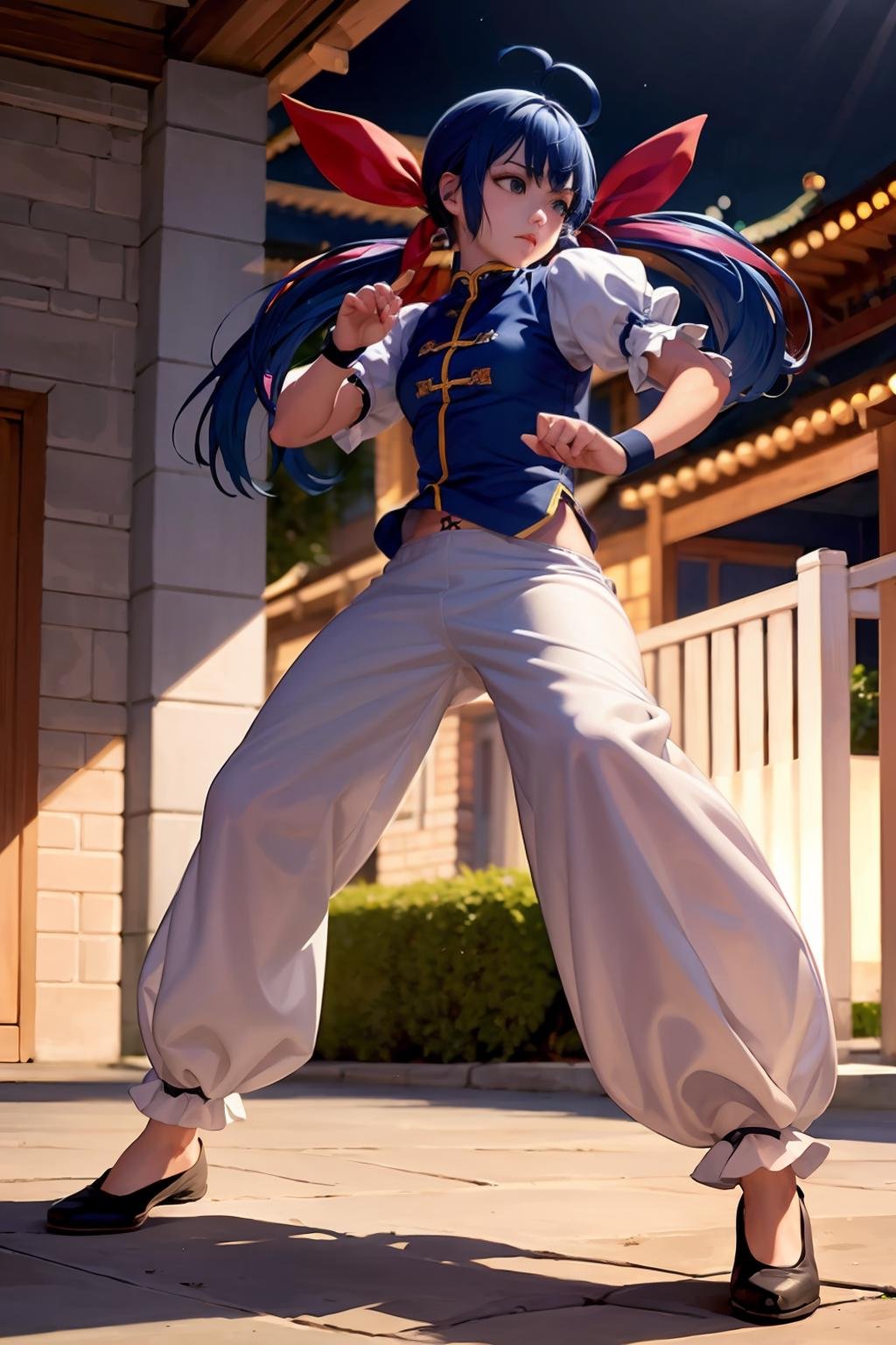 masterpiece, best quality,  <lora:futaba:1>,1girl, twintails, blue hair, blue eyes, ahoge, long hair, low twintails, solo, chinese clothes, ribbon, hair ribbon, wristband, pants, baggy pants, fighting stance, flats, mascot, shoes, full body, breasts