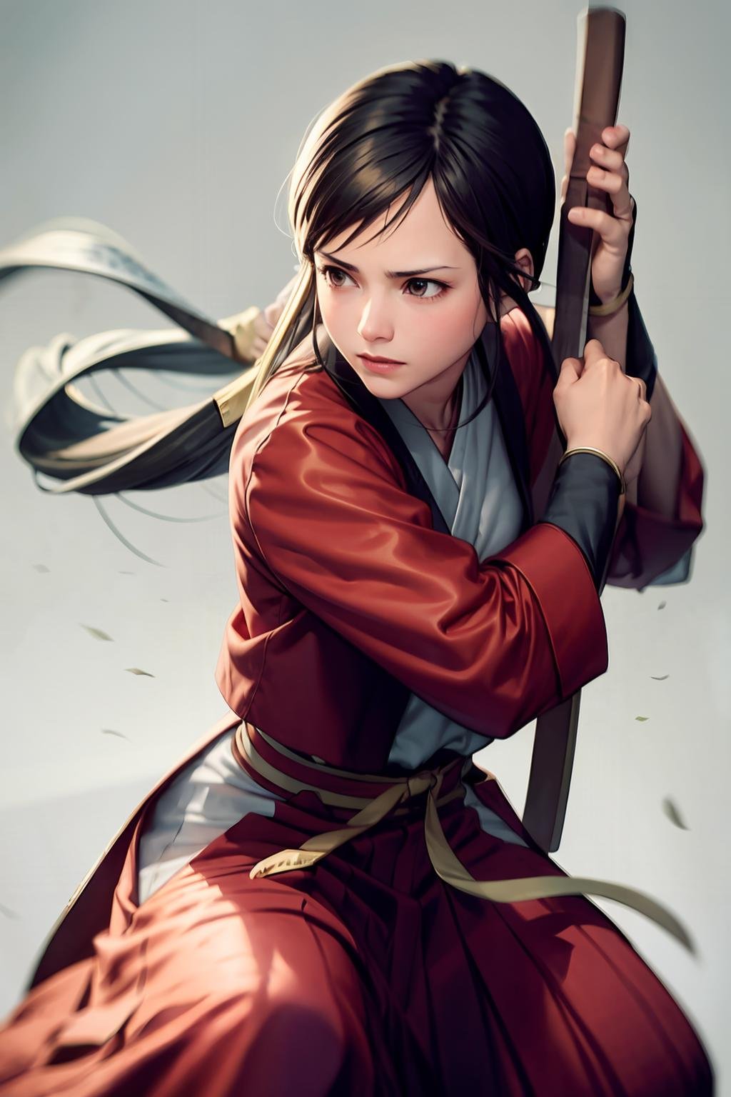 masterpiece, best quality, <lora:hibiki:1>,1girl, sword, holding sword,grey background, fighting stance, 