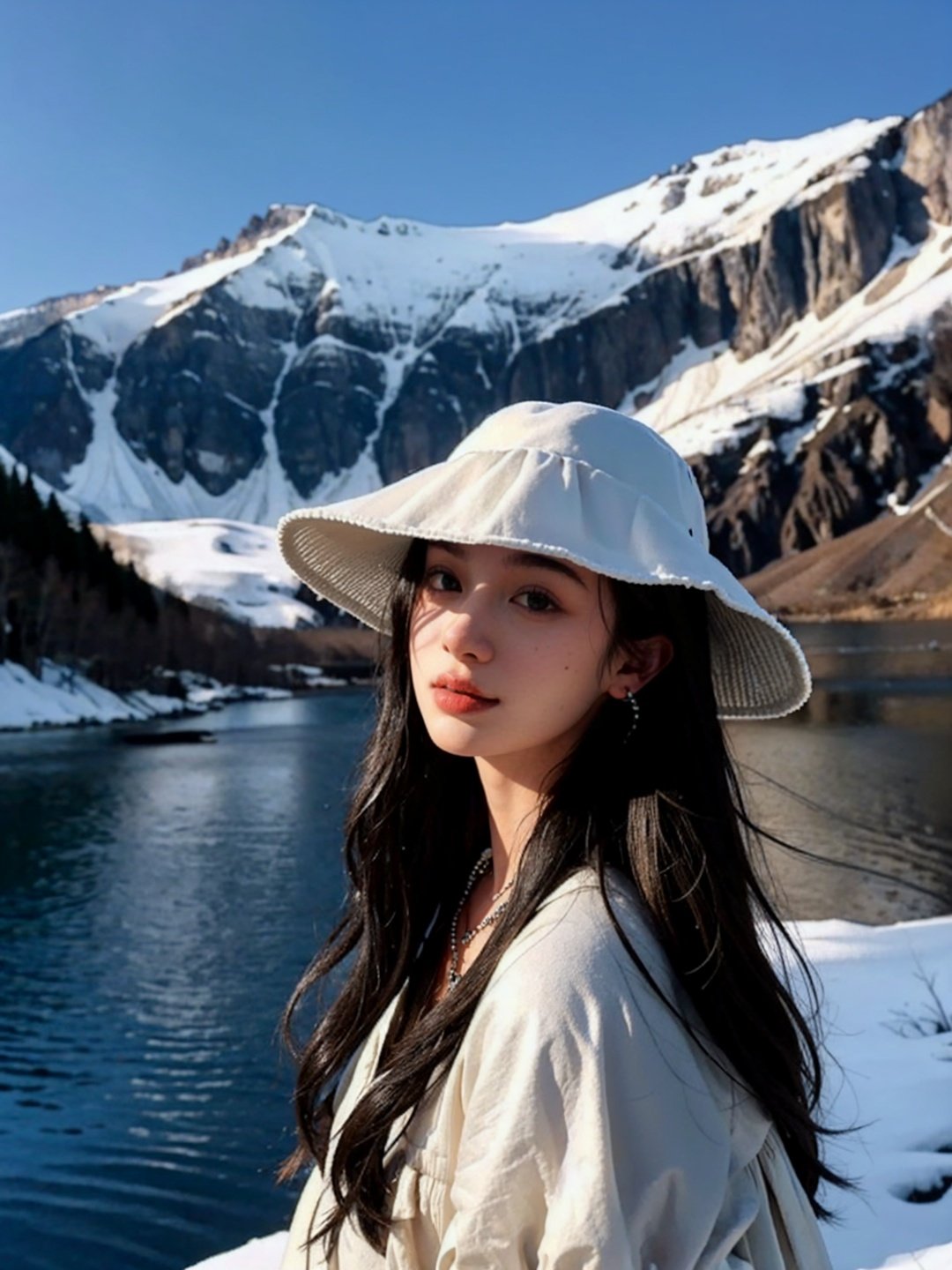 1girl, solo, hat, jewelry, long hair, realistic, black hair, earrings, outdoors, photo background, mountain, necklace, river, looking at viewer, lake, day, nature, upper body, black eyes, lips, a woman with long hair wearing a hat and a backpack near a lake and mountains with snow on the tops