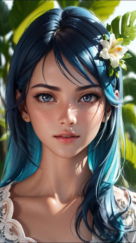 fashion photography portrait of indian girl with blue hair, in lush jungle with flowers, 3d render, cgi, symetrical, octane render, 35mm, bokeh, 9:16, (intricate details:1.12), hdr, (intricate details, hyperdetailed:1.15), (natural skin texture, hyperrealism, soft light, sharp:1.2), detailed, sunlight passing through foliage