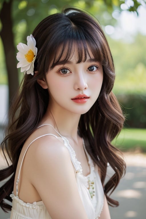 (detailed face, perfect face, perfect eyes, realistic eyes, perfect fingers),(clear face),fantasy girl,long hair,hair ornaments,looking at viewer,outdoors,beautiful girl,knees up,standing lolita1,dress,flower,(looking at the camera:1.2),portrait,(photorealistic:1.2),