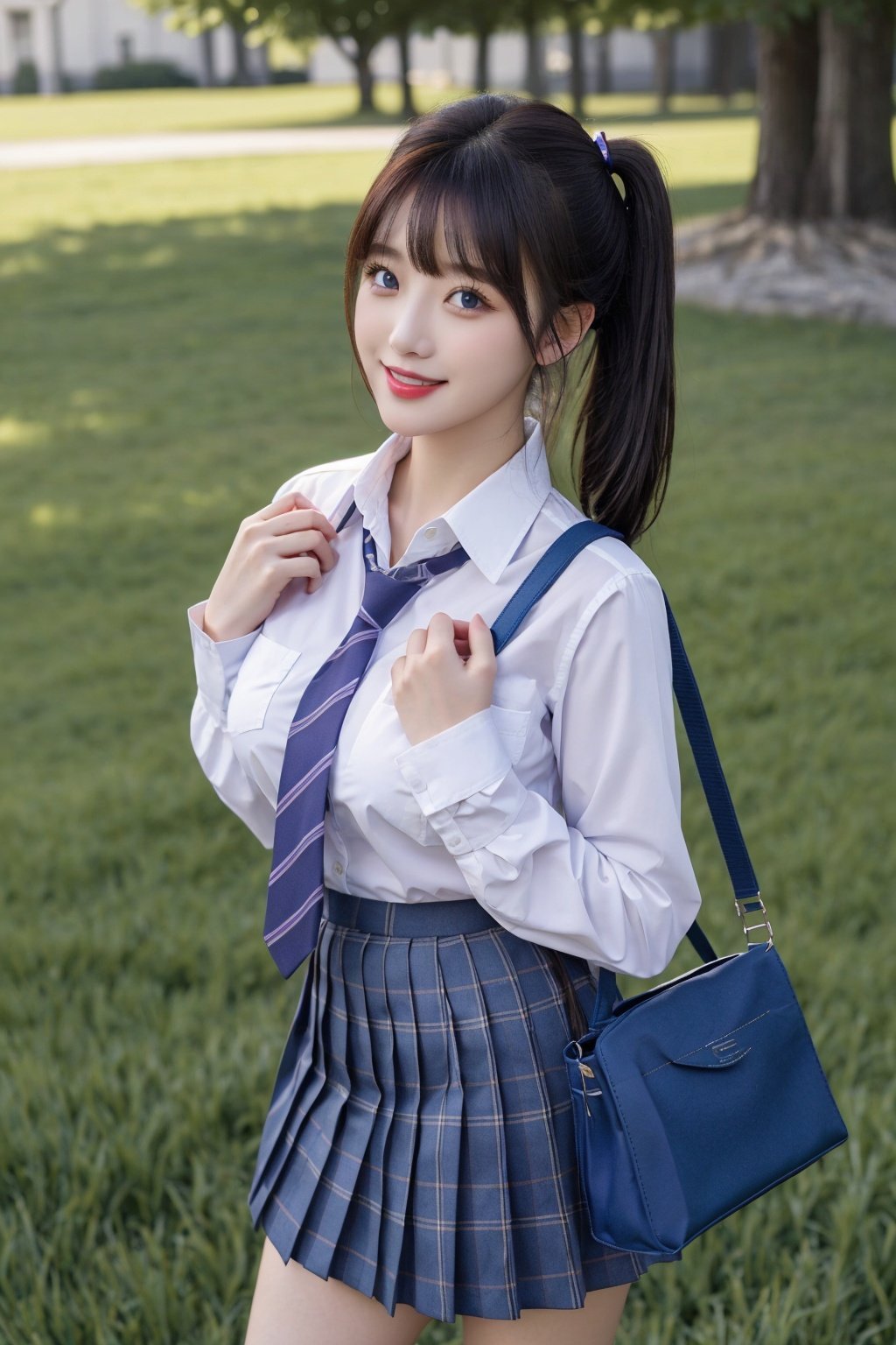 , 1girl, solo, skirt, necktie, shirt, white hair, striped necktie, white shirt, pleated skirt, looking at viewer, plaid skirt, collared shirt, long sleeves, outdoors, bangs, plaid, striped, grass, hair between eyes, one side up, pale skin, blue skirt, school uniform, pocket, purple eyes, smile, closed mouth, hand up, arm at side, day, breast pocket, dress shirt, from above, standing, side ponytail, wing collar, bag, blue eyes, parted lips, cowboy shot, green necktie, white skin, purple skirt, hand on own chest, long hair, jacket