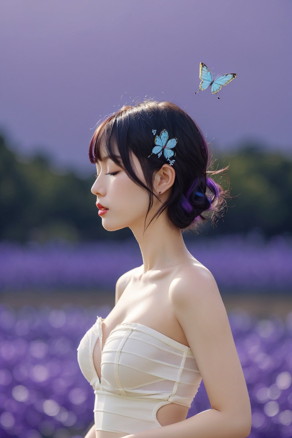 , kochou shinobu, 1girl, butterfly, bug, solo, purple hair, sarashi, black hair, multicolored hair, butterfly hair ornament, closed eyes, breasts, japanese clothes, blue butterfly, hair ornament, bare shoulders, blurry, profile, cowboy shot, purple background, short hair, parted lips, lips, strapless, from side, eyelashes, standing, two-tone hair, bandages, sidelocks, floating hair, demon slayer uniform, haori, bangs