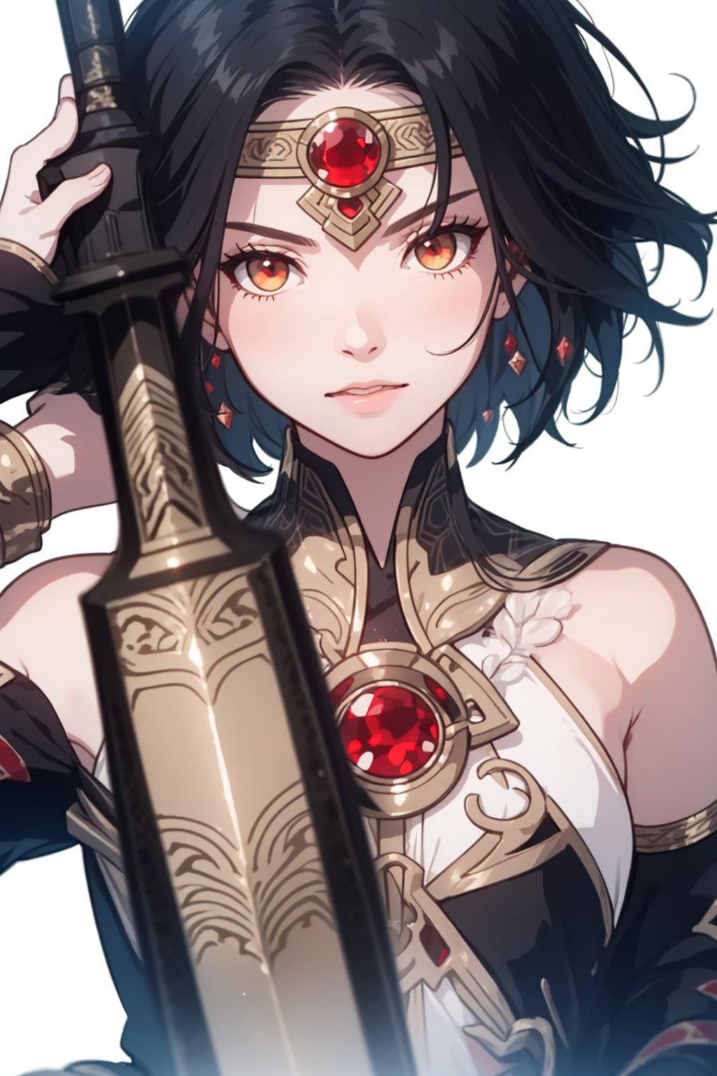 (masterpiece:1.3),(the best quality:1.2),(super fine illustrations:1.2),(Masterpiece),high quality,high detail,(white background:1.2),looking at viewer,(SOLO:1.4),outline,simple background,,circlet,gem,hair ornament,holding weapon,red eyes,weapon,short hair,sleeveless,black hair,1girl,solo,