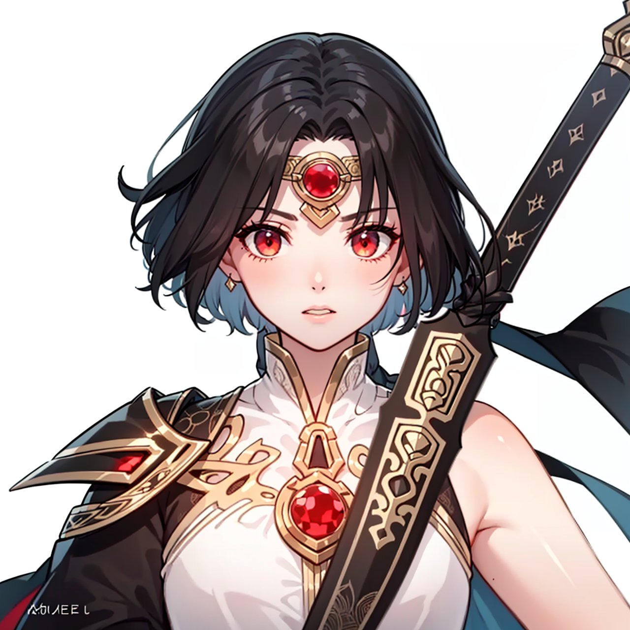 (masterpiece:1.3),(the best quality:1.2),(super fine illustrations:1.2),(Masterpiece),high quality,high detail,(white background:1.2),looking at viewer,(SOLO:1.4),outline,simple background,circlet,gem,hair ornament,holding weapon,red eyes,weapon,short hair,sleeveless,black hair,1girl,solo,