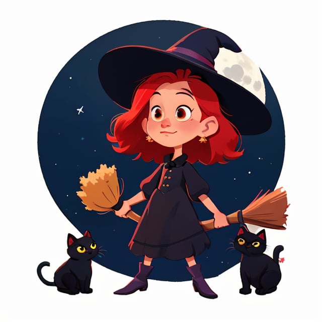 (best quality),masterpiece,European and American cartoons, original character design, hand-drawn drafts,white_background, pants, simple_background, full_body, looking_at_viewer,
A young red-haired witch in a black dress flies on a broom with a black cat. Night, stars, full moon.