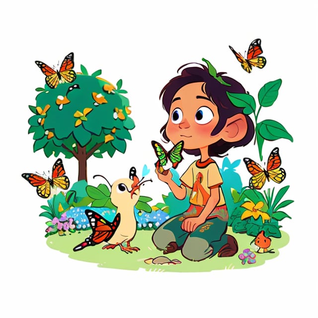 (best quality), masterpiece, European and American cartoons, original character design, hand-drawn drafts, white_background, pants, simple_background, full_body, looking_at_viewer,
Riya's Garden (Riya is in her garden, feeding birds and talking to butterflies. Leo watches curiously.) 