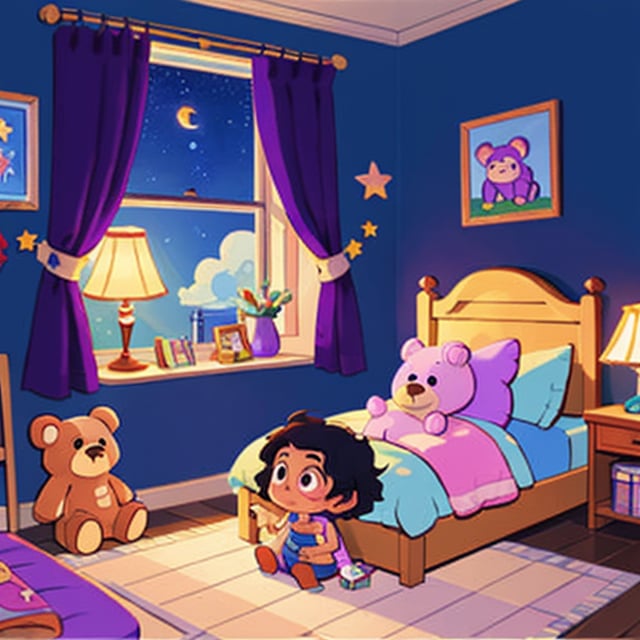 (best quality), masterpiece, European and American cartoons, original character design, hand-drawn drafts, 
a girl in her bedroom, with her teddy bear looking outside window let the room be lit with warm colours and skies with so many stars where one star is more lit up. bluish purplish tone for skies . volumetric lighting, detailing, children story book  type illustartions 