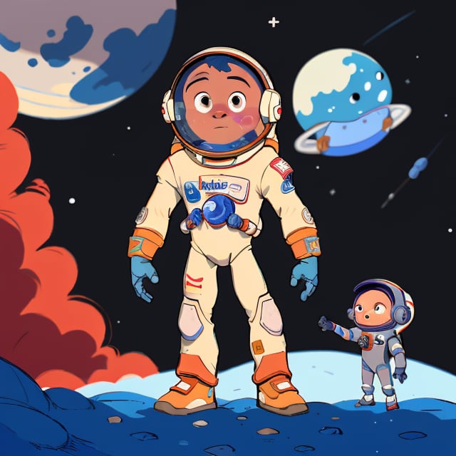 (best quality), masterpiece, European and American cartoons, original character design, hand-drawn drafts,  full_body, looking_at_viewer,
"Robot Astronaut and Human Astronaut" space,moon,space suit, cold color palette, muted colors, detailed, 8k