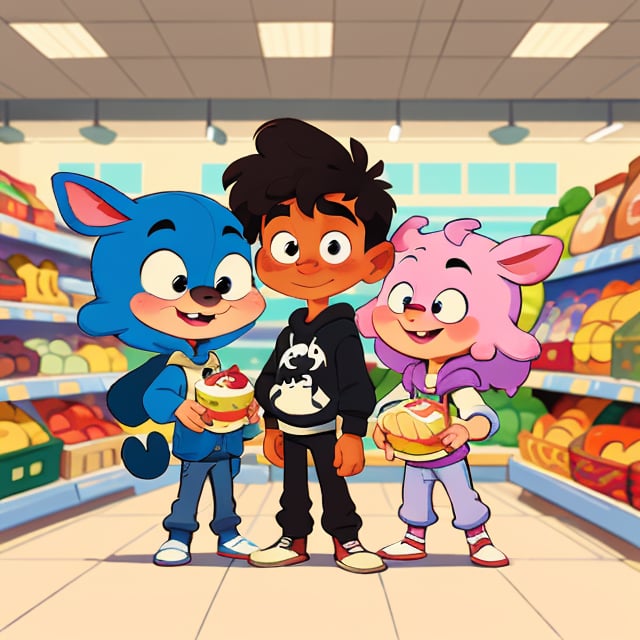 (best quality), masterpiece, European and American cartoons, original character design, hand-drawn drafts,  full_body, looking_at_viewer,
Cute cartoon cow balck and white  in a supermarket, with smile, wearing hoodie, posing in esceanrie, fantasy, creative art