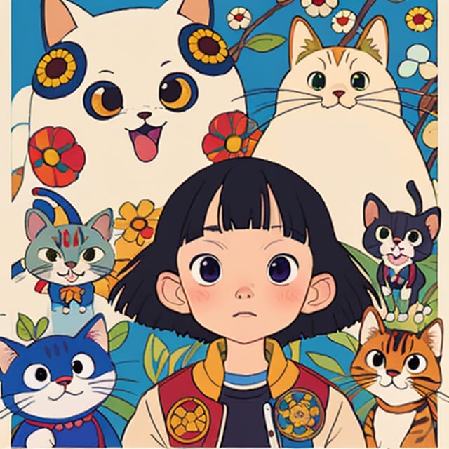 (best quality),masterpiecemagazine cover poster, upper portrait of anime girl with cat, ultra detailed, cel shading, artistic, Shibuya fashion, Harajuku fashion, mucha, Frida Kahlo, vivid floral oversized Sukajan bomber jacket,trends of pixiv, headline, logos labels, badges, graphic design,art by Miyazaki Hay Takashi Murakami Oda Eiichirō