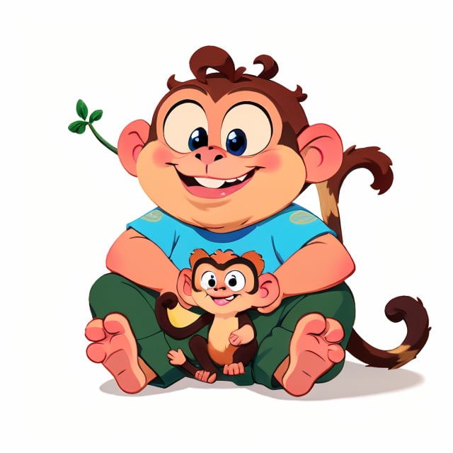 (best quality), masterpiece, European and American cartoons, original character design, hand-drawn drafts,  full_body, looking_at_viewer,
A playful and mischievous monkey sticker, with a wide grin and expressive eyes, sitting on a white background. The monkey is reaching out with one hand as if it's trying to grab something, and its tail is curled around its body in a playful