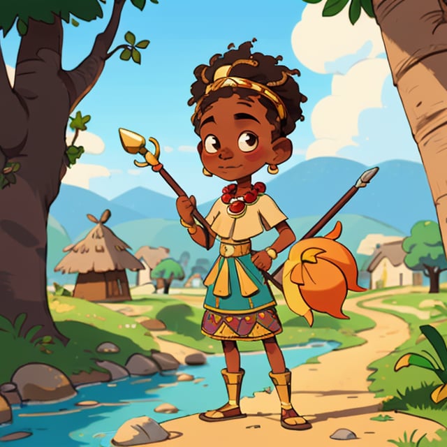 (best quality), masterpiece, European and American cartoons, original character design, hand-drawn drafts,  full_body, looking_at_viewer,
young black teenager, rasta hair tied with a gold rope, dressed as an African warrior, carrying a spear in her hand, straight, a cowrie shell necklace on her right foot, she stands on a hill and observes an African village near which a stream runs. she has a lioness ghost standing next to her.