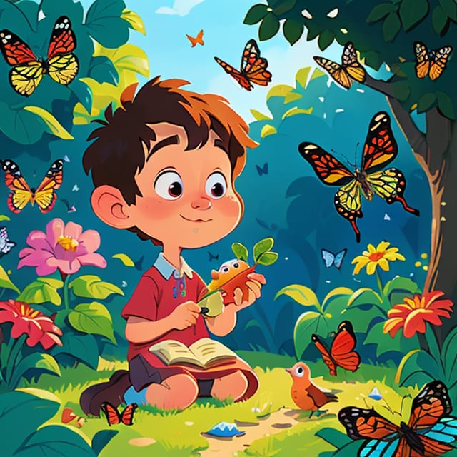 (best quality), masterpiece, European and American cartoons, original character design, hand-drawn drafts,  full_body, looking_at_viewer,
girl in a garden, feeding birds and talking to butterflies. boy in her side watches curiously ,:) 