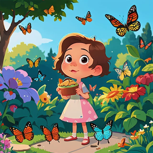 (best quality), masterpiece, European and American cartoons, original character design, hand-drawn drafts,  full_body, looking_at_viewer,
girl in a garden, feeding birds and talking to butterflies. 