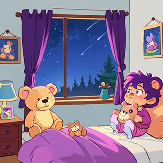 (best quality), masterpiece, European and American cartoons, original character design, hand-drawn drafts, white_background, pants, simple_background, full_body, looking_at_viewer,
a girl in her bedroom, with her teddy bear looking outside window let the room be lit with warm colours and skies with so many stars where one star is more lit up. bluish purplish tone for skies . volumetric lighting, detailing, children story book  type illustartions 