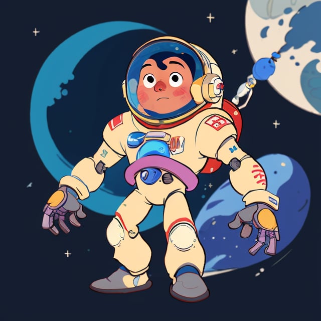 (best quality), masterpiece, European and American cartoons, original character design, hand-drawn drafts,  full_body, looking_at_viewer,
"Robot and Human Astronaut" space,moon,space suit, cold color palette, muted colors, detailed, 8k