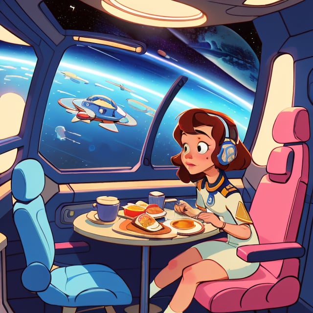 (best quality), masterpiece, European and American cartoons, original character design, hand-drawn drafts,  full_body, looking_at_viewer,
"Attractive female Starship captain having breakfast in space, large wide windows overlooking a space colony" by Syd Mead, cold color palette, muted colors, detailed, 8k