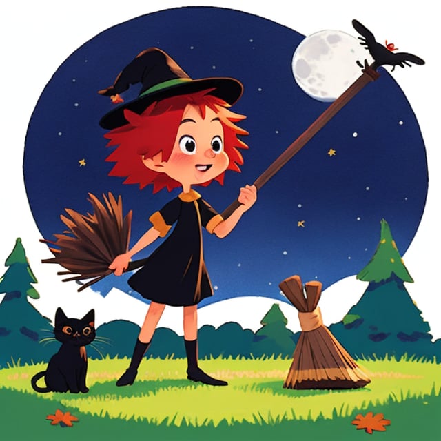 (best quality),masterpiece,European and American cartoons, original character design, hand-drawn drafts,white_background, pants, simple_background, full_body, looking_at_viewer,
A young red-haired witch in a black dress flies on a broom with a black cat. Night, stars, full moon.