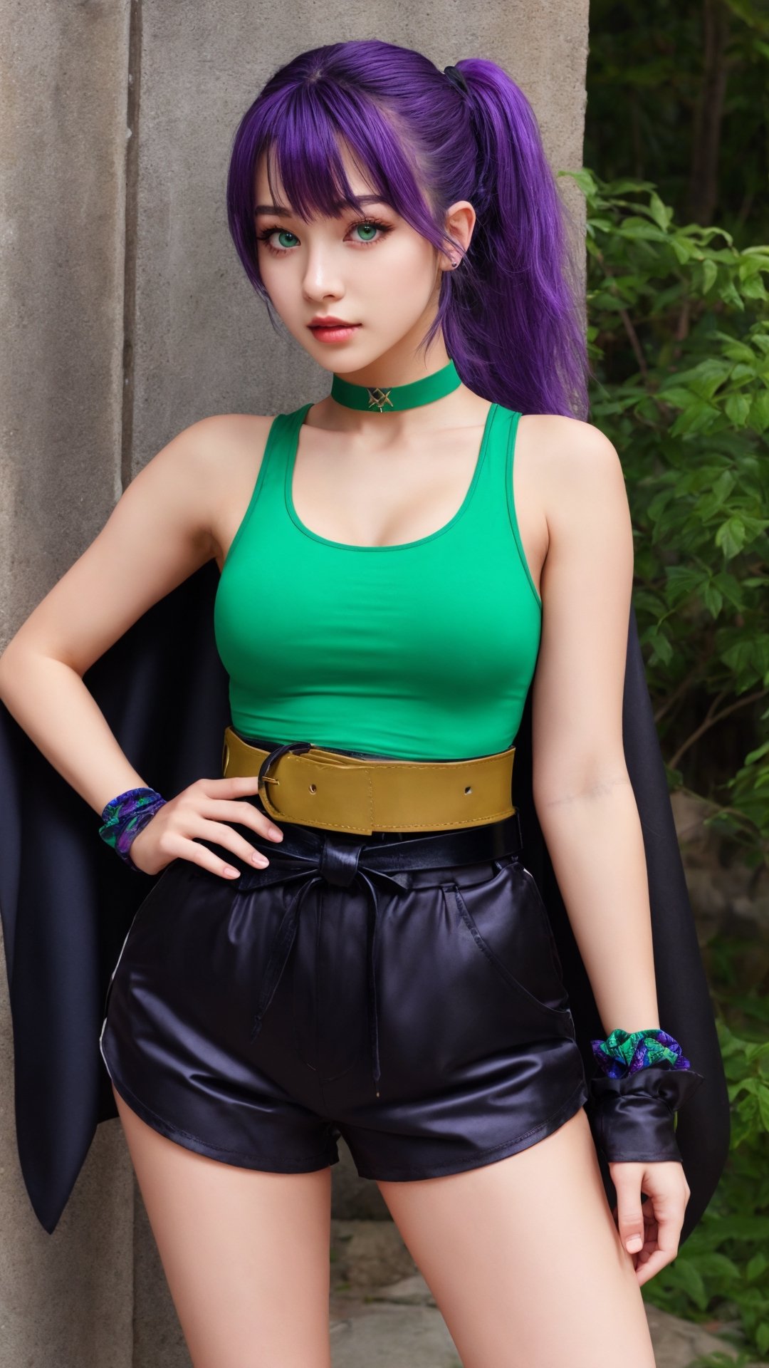 1girl, purple eyes, purple hair, long hair, ponytail, hair scrunchie, green choker, o-ring top, tank top, sleeveless, waist cape, black shorts, green belt, boots