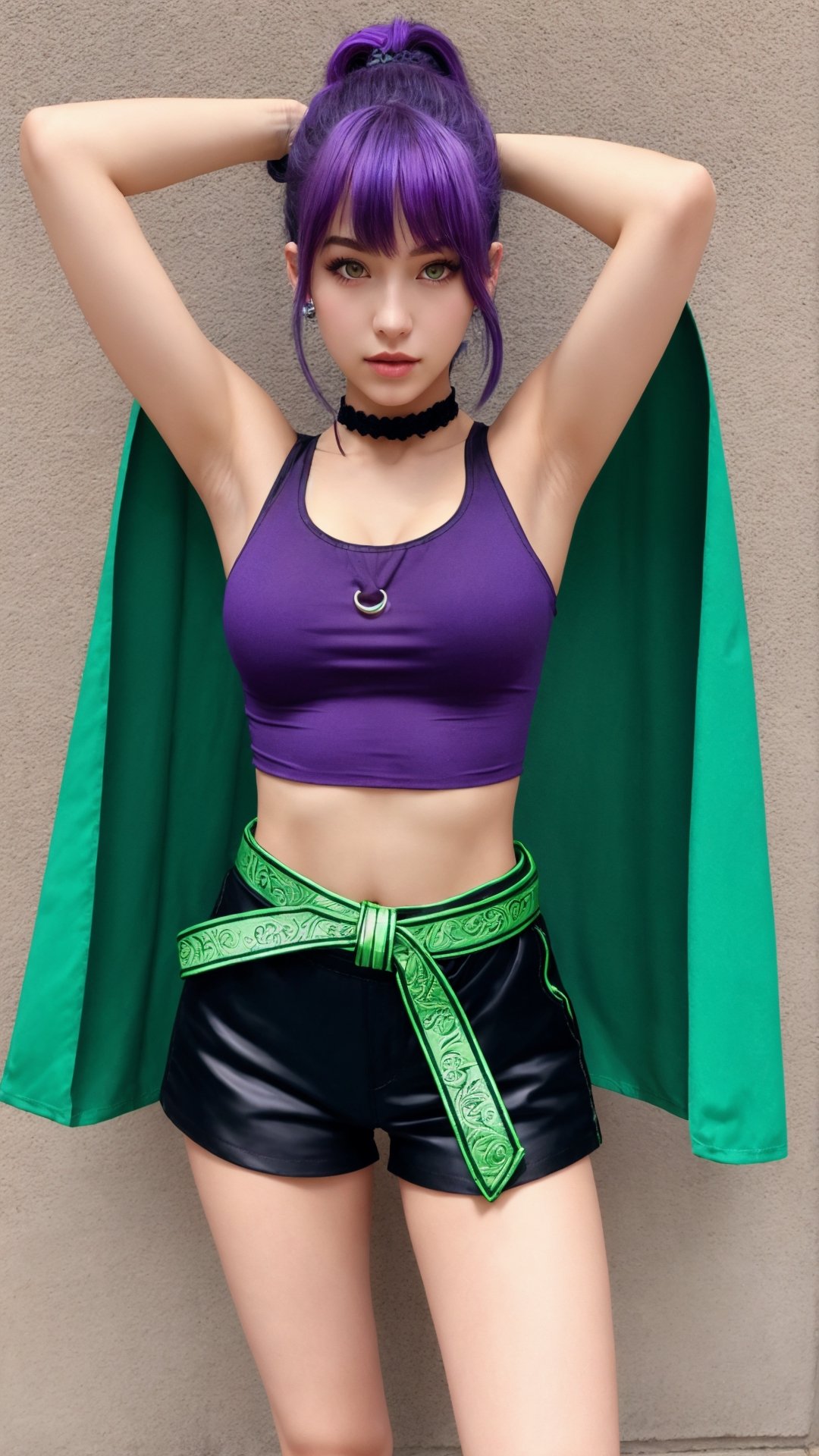 1girl, purple eyes, purple hair, long hair, ponytail, hair scrunchie, green choker, o-ring top, tank top, sleeveless, waist cape, black shorts, green belt, boots