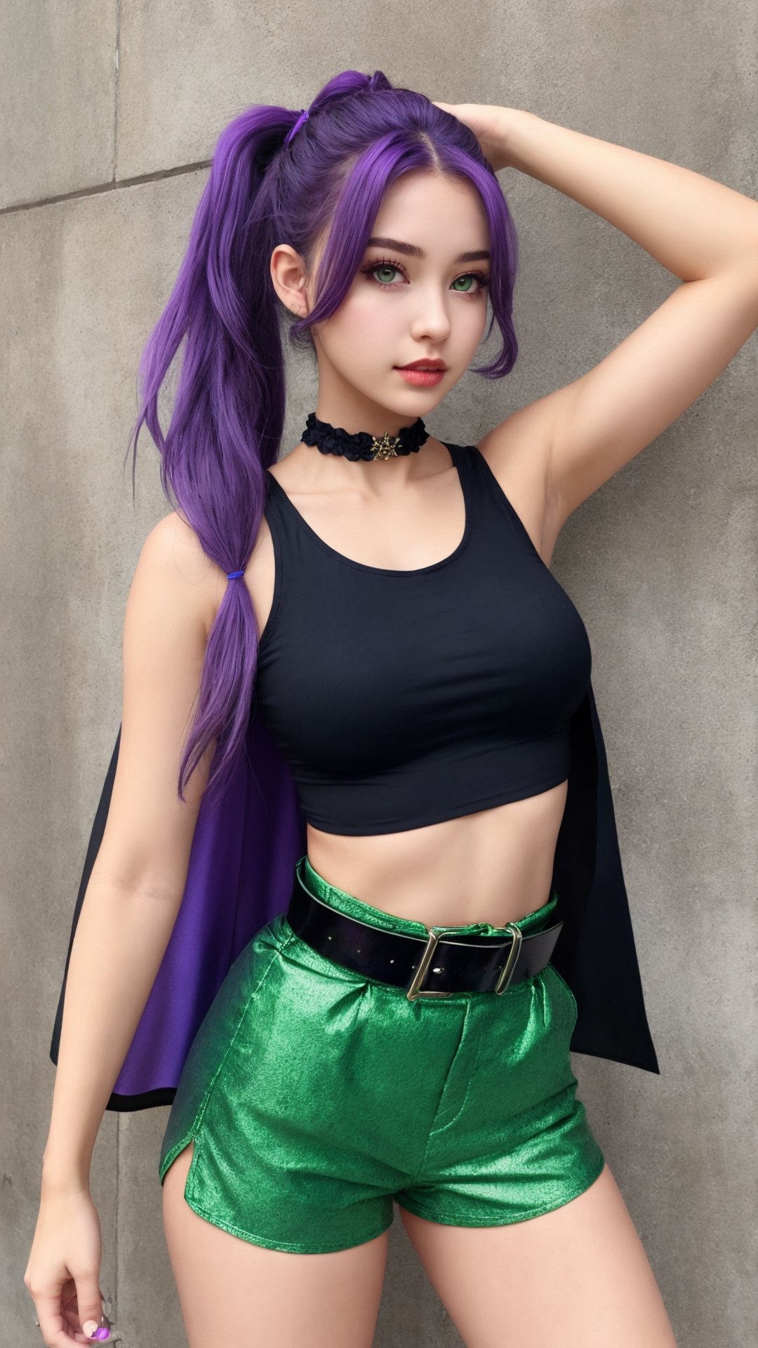 1girl, purple eyes, purple hair, long hair, ponytail, hair scrunchie, green choker, o-ring top, tank top, sleeveless, waist cape, black shorts, green belt, boots