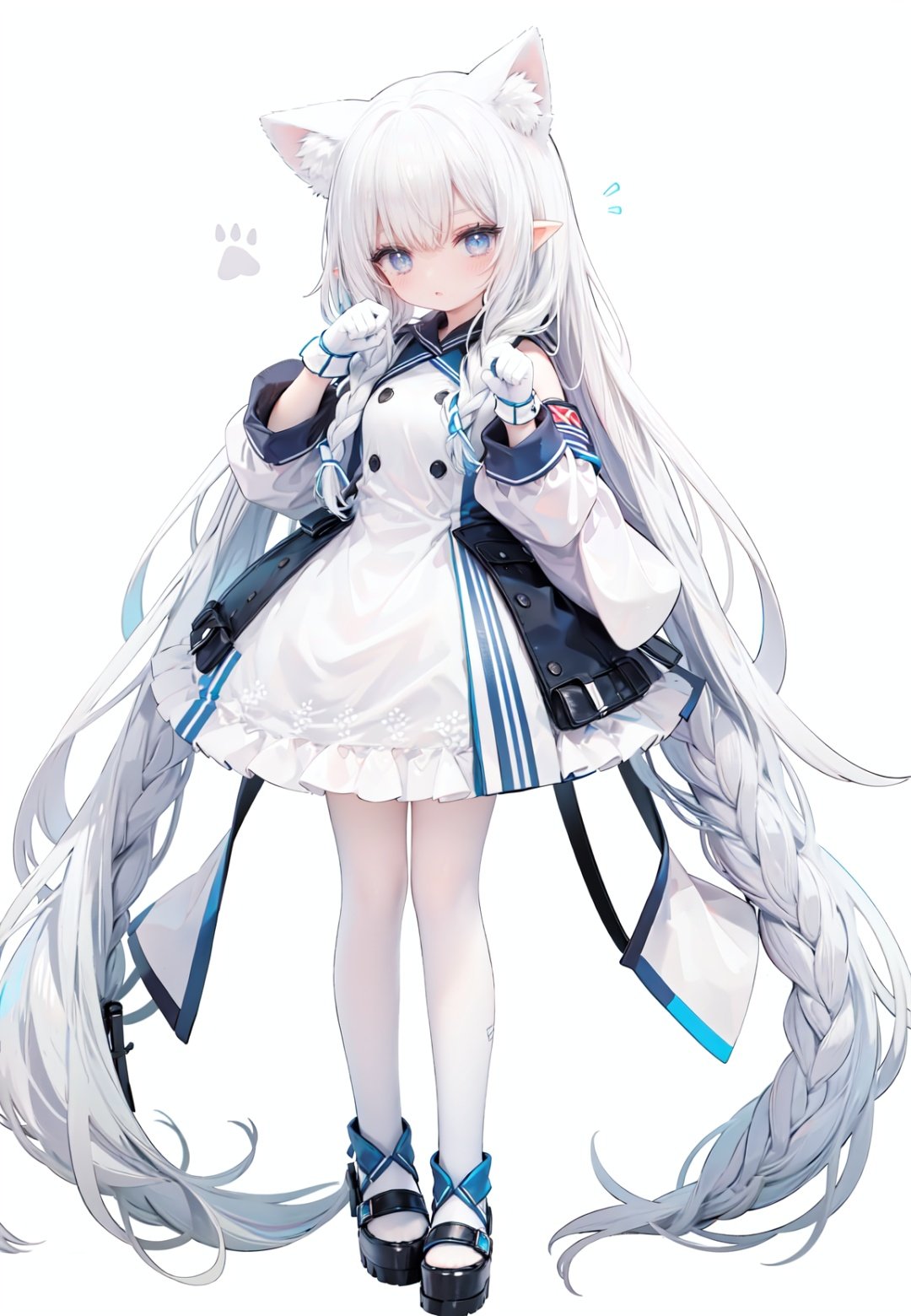 1girl, white_gloves, braid, full_body, gloves, long_hair, official_alternate_costume, pointy_ears, simple_background, solo, standing, very_long_hair, white_background,white hair,blue eyes,paw claw pose, open_mouth,