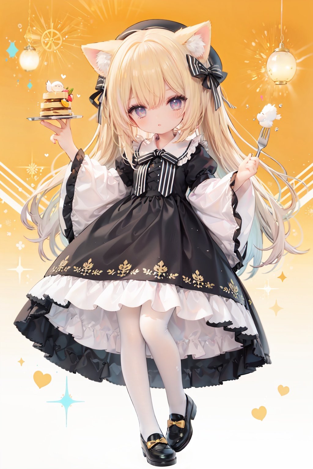 (cinematic lighting),  dreamy atmosphere,  Ray tracing,  (((solo))),  (loli:1.5),  (child:1.5),  (petite:1.5),  green eyes,  (animal ears),  dress,  solo,  food,  blonde hair,  open mouth,  long hair,  pancake,  flower,  holding,  bow,  smile,  fork,  bird,  socks,  looking at viewer,  shoes,  striped background,  holding fork,  bonnet,  striped,  frills,  long sleeves,  :d,  yellow dress,  bangs,  eyebrows visible through hair,  blush,  green nails,  hair bow,  nail polish,  diagonal stripes,  chick,  sparkle,  frilled dress,  orange bow,  fruit,  full body,  :3,  hair between eyes,  green bow,  puffy sleeves,  heart,  lemon,  orange footwear,  animal ear fluff,  white bow,  cat ears,  bobby socks,  orange headwear,  see-through sleeves,  blue background,  striped bow,  hair ornament,  white legwear,  mary janes