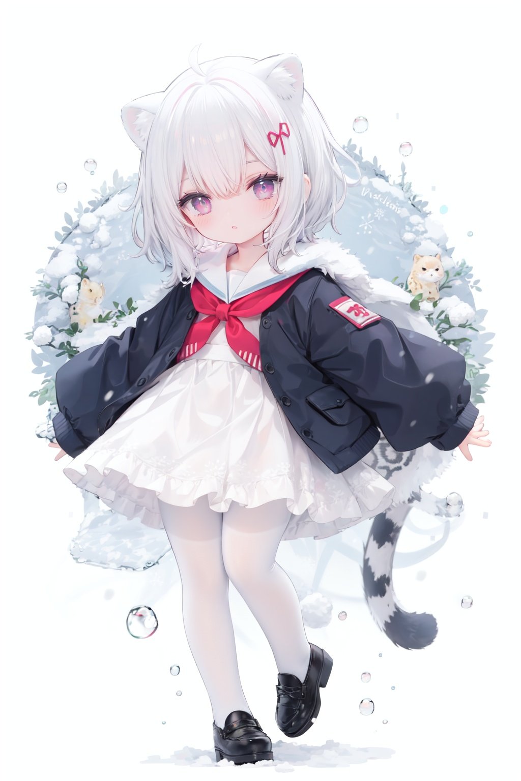 cute,Infant,solo blue shirt,blue sailor coat,loli,full body,white hair,snow leopard ear,white background,pink eyes,laugh,happy,white pantihose,white pantyhose,red armband,