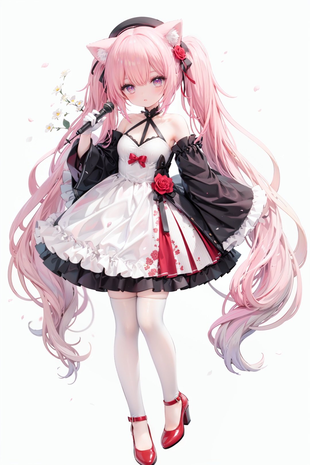 masterpiece, ((best quality)),  dynamic angle, chromatic aberration, ((colorful)),1girl, solo, flower, thighhighs, white thighhighs, gloves, red footwear, long hair, detached sleeves, animal ears, rose, blonde hair, looking at viewer, full body, hat, high heels, petals, dress, standing, twintails, wide sleeves, holding, shoes, frills, red flower, cat ears, bangs, microphone, long sleeves, white flower, hair ornament, white gloves, zettai ryouiki, bare shoulders, pink eyes, frilled dress, small breasts, breasts, closed mouth, skirt, beret, white headwear, very long hair, red eyes, red rose, white dress, blush, ribbon, black gloves, animal ear fluff, hair flower, pink flower