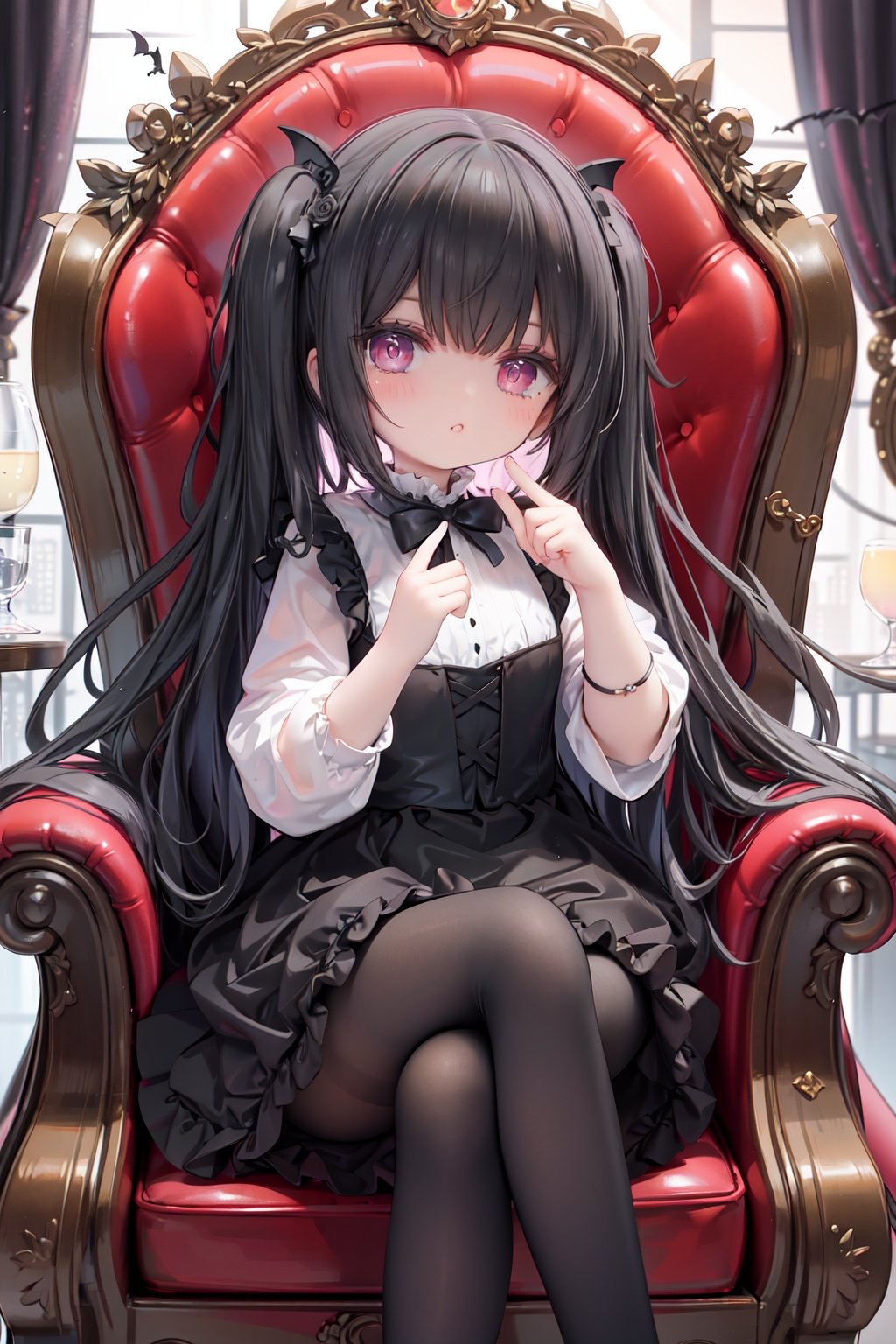 masterpiece, ((best quality)), (ultra-detailed), (illustration), an extremely delicate and beautiful girl, dynamic angle, chromatic aberration, ((colorful)),//,1girls,loli,(petite child:1.1),//,(in Gothic castle),girl with black hair,red eyes,Vertical pupil,long hair,hair arrangement,(Detailed face description),(batwing),(Gothic Lolita),(bat tail),alccandlestick,Cathedral glass,,short skirt,black pantyhose,red lace,high heels,rose tattoo,throne,sitting,crossed legs,//,