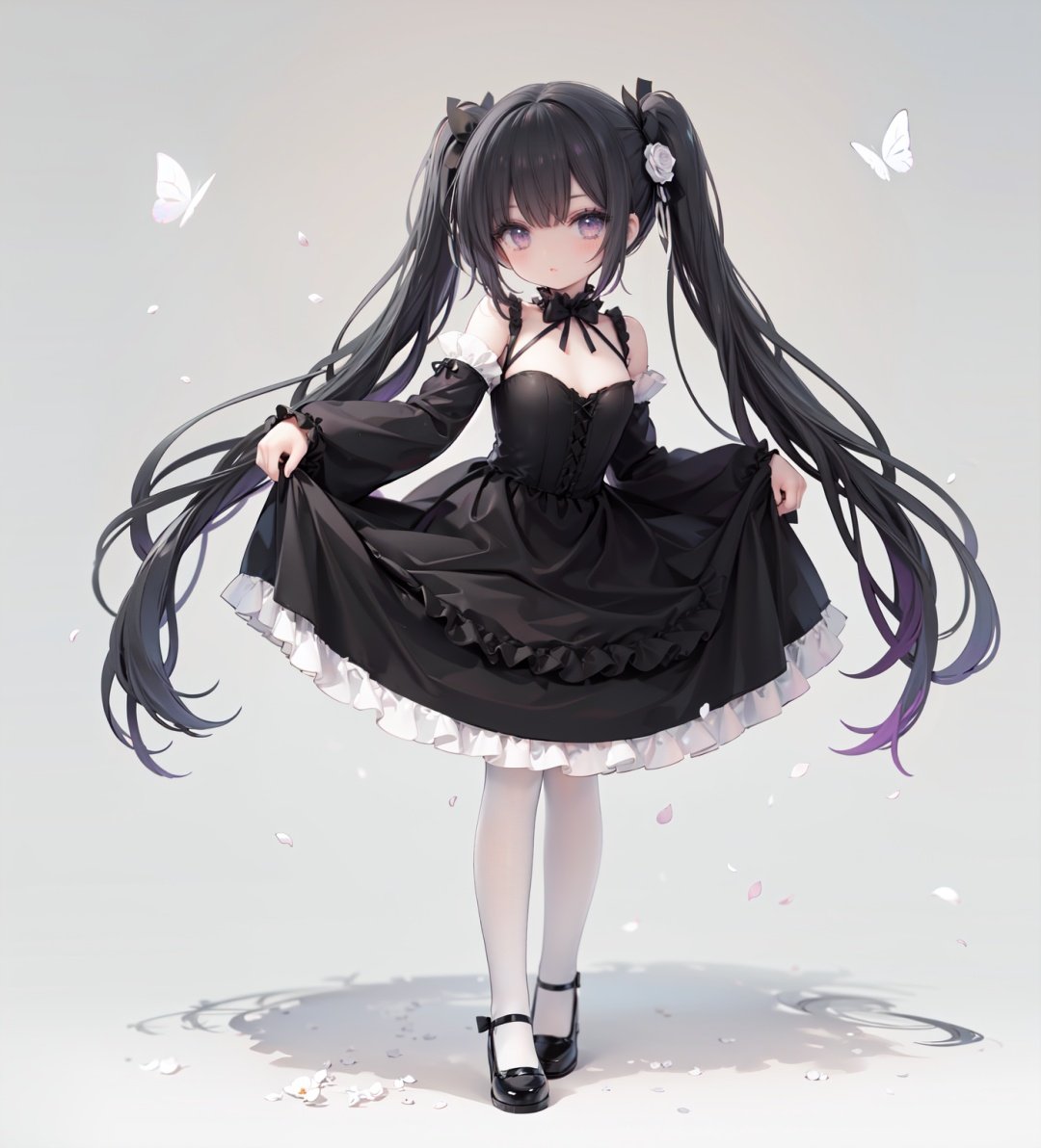 masterpiece, ((best quality)),  dynamic angle, chromatic aberration, ((colorful)),1girl, solo, black hair, long hair, dress, butterfly, bug, twintails, black footwear, lolita fashion, very long hair, pantyhose, black dress, long sleeves, bow, full body, bangs, flower, puffy sleeves, standing on one leg, shoes, white pantyhose, hair bow, looking at viewer, grey eyes, frills, standing, gothic lolita, blush, juliet sleeves, black bow, frilled dress, white flower, rose, closed mouth, skirt hold, petals, wide sleeves, mary janes, white rose