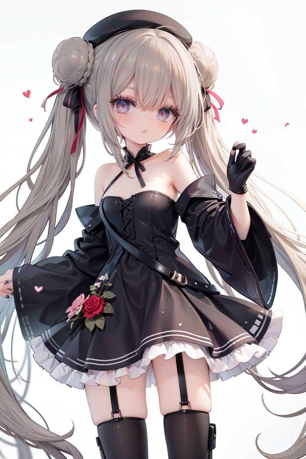 1girl, dress, double bun, hair bun, long hair, black dress, twintails, looking at viewer, smile, hat, bangs, brown hair, white background, solo, open mouth, blush, black headwear, very long hair, garter straps, thighhighs, bare shoulders, beret, :d, ribbon, black gloves, simple background, long sleeves, nail polish, black footwear, red ribbon, bow, gloves, wide sleeves, animal, hair ribbon, boots, red nails, sheath, sheathed, hair between eyes