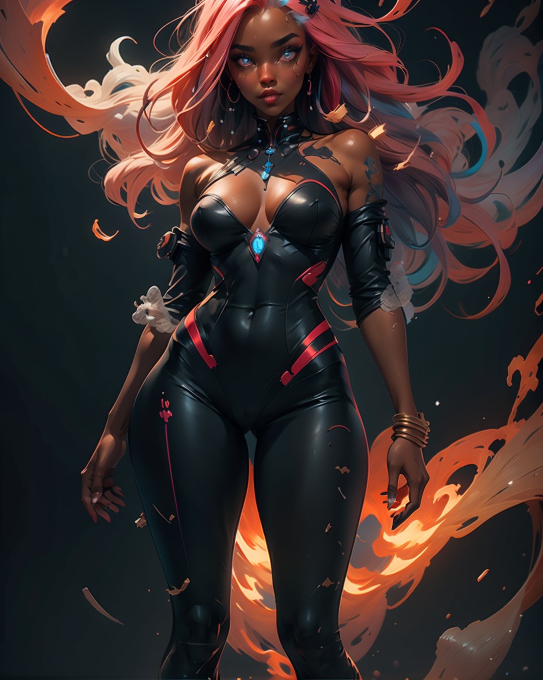 1 girl, full body, symmetrical face, perfect eyes, smoke, long poison red neon hair, dark skin, mix of sci-fi and realism, ultra high resolution, 8k, HDr, art, high detail , ,fantchar,cloud