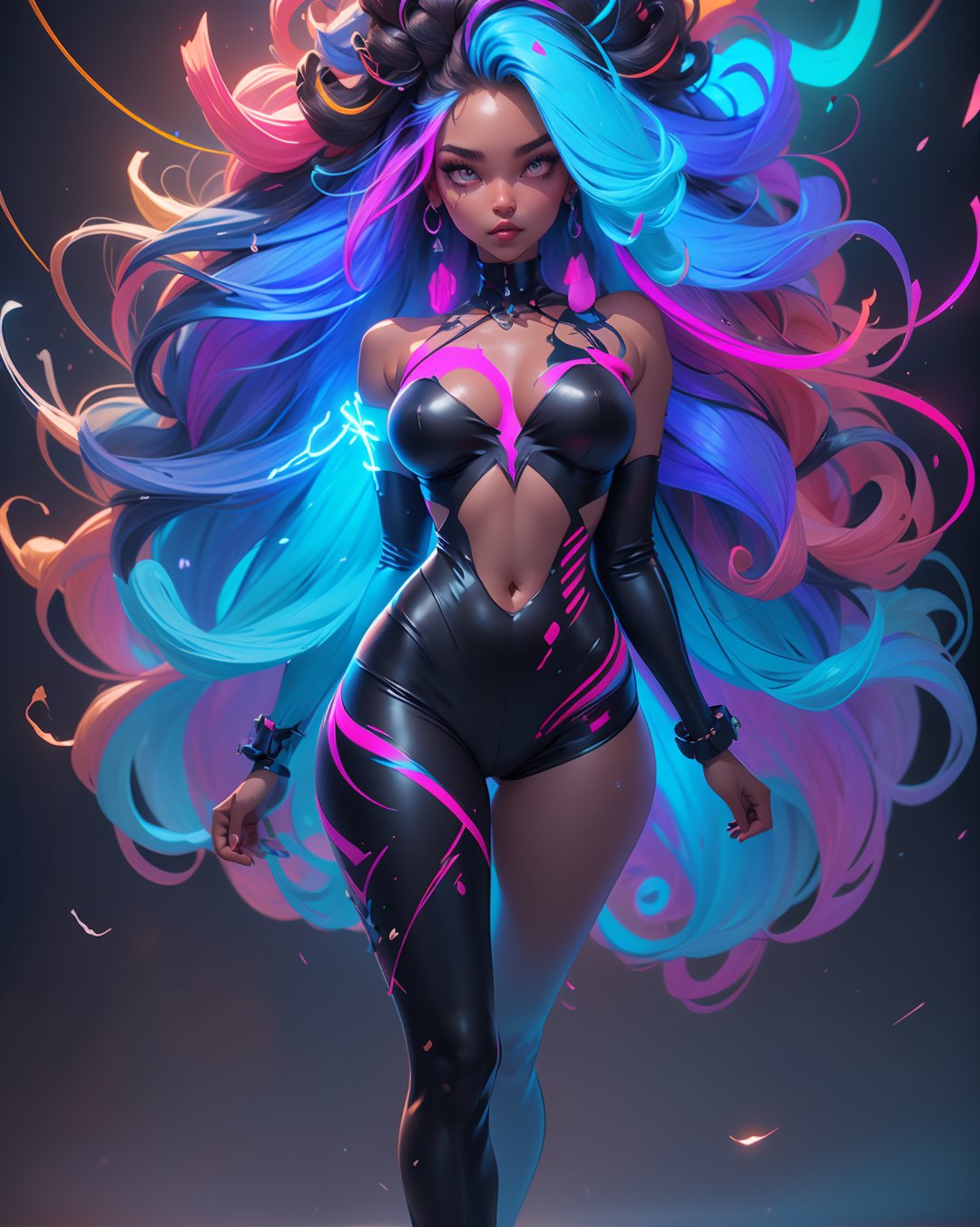 1 girl, full body, symmetrical face, perfect brown eyes, smoke, sparks, (female hair made of fine multicolored neon curls:1.5), (long thin hair made of multicolored neon strands flowing down the body), smoky skin, mixture of hip-hop style and realism, ultra high resolution, 8k, HDr, art, high detail, , art