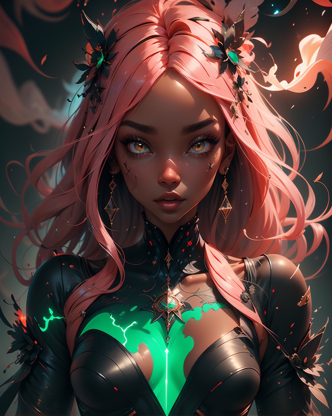 1 girl, full body, symmetrical face, perfect brown eyes, smoke, sparks, long  red neon hair, dark skin, mix of gothic and realism, ultra high resolution, 8k, HDr, 
 green neon,  art, high detail , ,art,yuzu