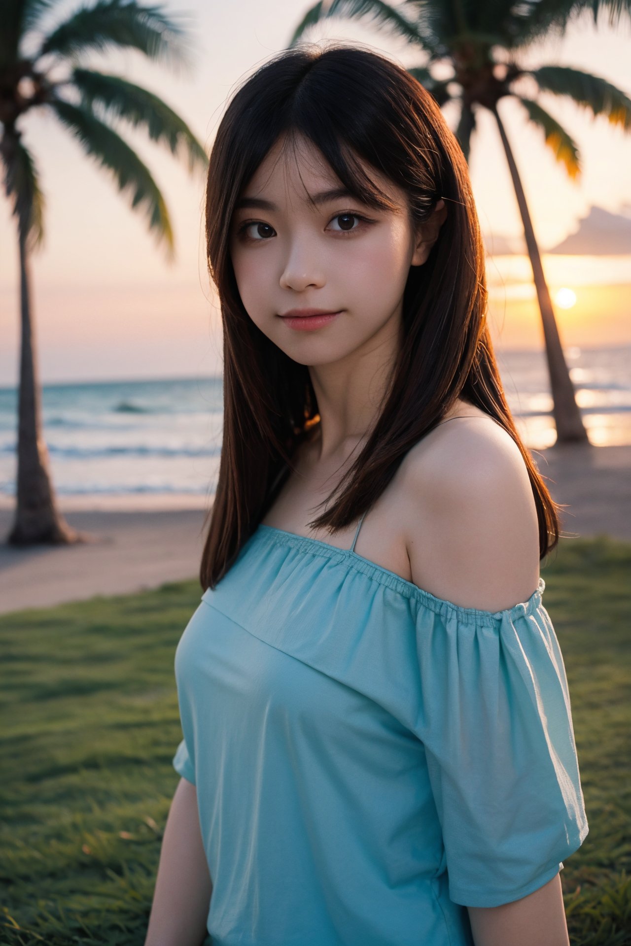 1Beautiful girl, extremely detailed CG unified 8k wallpaper, highly detailed, High-definition raw color photos, professional photograpy, Realistic portrait, teenager, brunette, long hair, off shoulder, Outdoors, coast, ocean, palm trees, beautiful sunset,53yfp