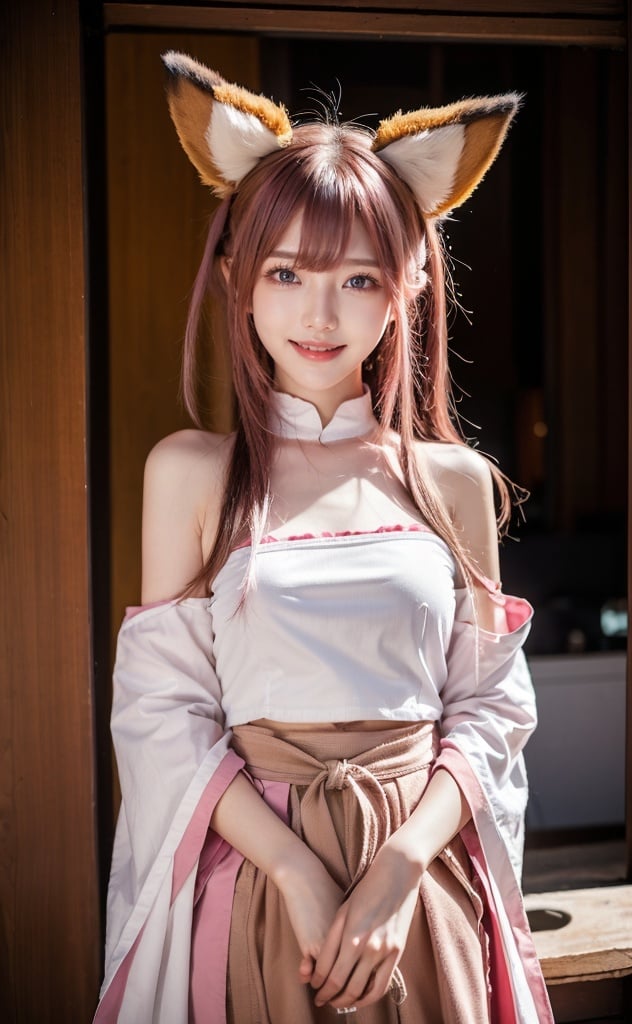 bachongshenzi, 1girl, , solo, purple eyes, pink hair, animal ears, bare shoulders, fox ears, heart, , long hair, , hair between eyes, japanese clothes, smile, looking at viewer, open mouth, jewelry, bangs, detached sleeves, earrings, solo