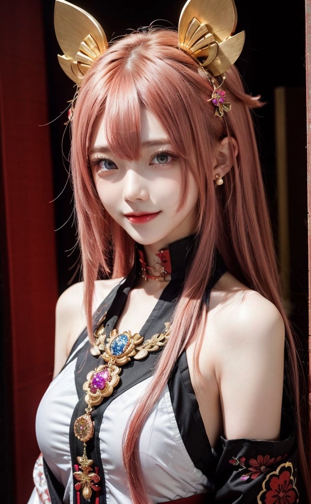 bachongshenzi, 1girl, yae miko, solo, pink hair, purple eyes, long hair, looking at viewer, hair between eyes, jewelry, animal ears, japanese clothes, fox ears, upper body, bare shoulders, bangs, detached sleeves, earrings, closed mouth, smile, hair ornament