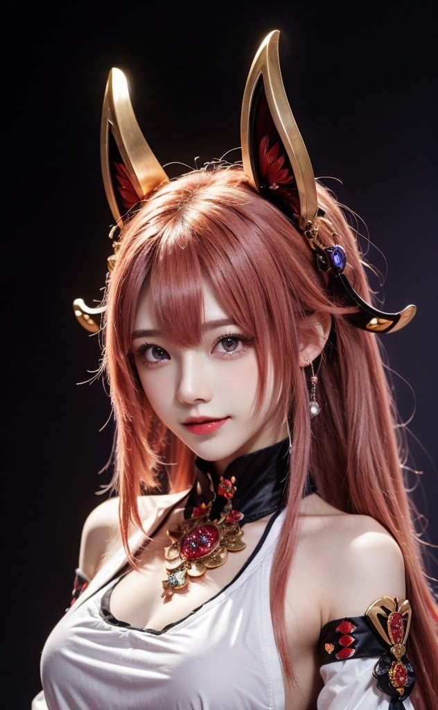 bachongshenzi, 1girl, yae miko, solo, pink hair, purple eyes, long hair, looking at viewer, hair between eyes, jewelry, animal ears, japanese clothes, fox ears, upper body, breasts, bare shoulders, bangs, detached sleeves, earrings, closed mouth, simple background, smile, hair ornament