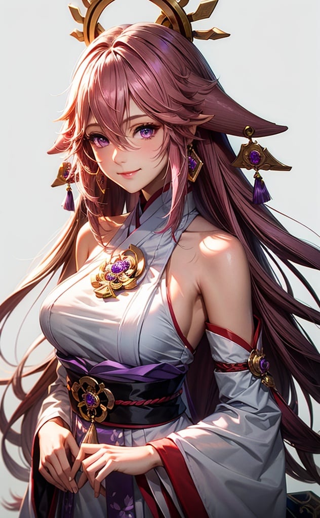 bachongshenzi, 1girl, yae miko, solo, pink hair, purple eyes, long hair, looking at viewer, hair between eyes, jewelry, animal ears, japanese clothes, fox ears, upper body, breasts, bare shoulders, bangs, detached sleeves, earrings, closed mouth, simple background, smile, hair ornament