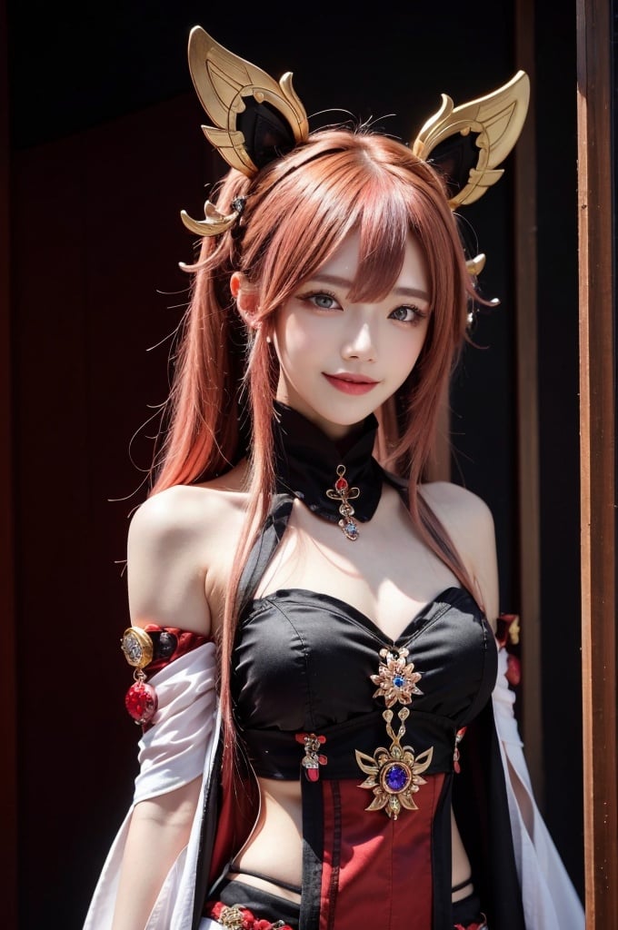 (Good anatomical structure),(solo),bachongshenzi, 1girl, yae miko, solo, pink hair, purple eyes, long hair, looking at viewer, hair between eyes, jewelry, animal ears, japanese clothes, fox ears, upper body, bare shoulders, bangs, detached sleeves, earrings, closed mouth, smile, hair ornament