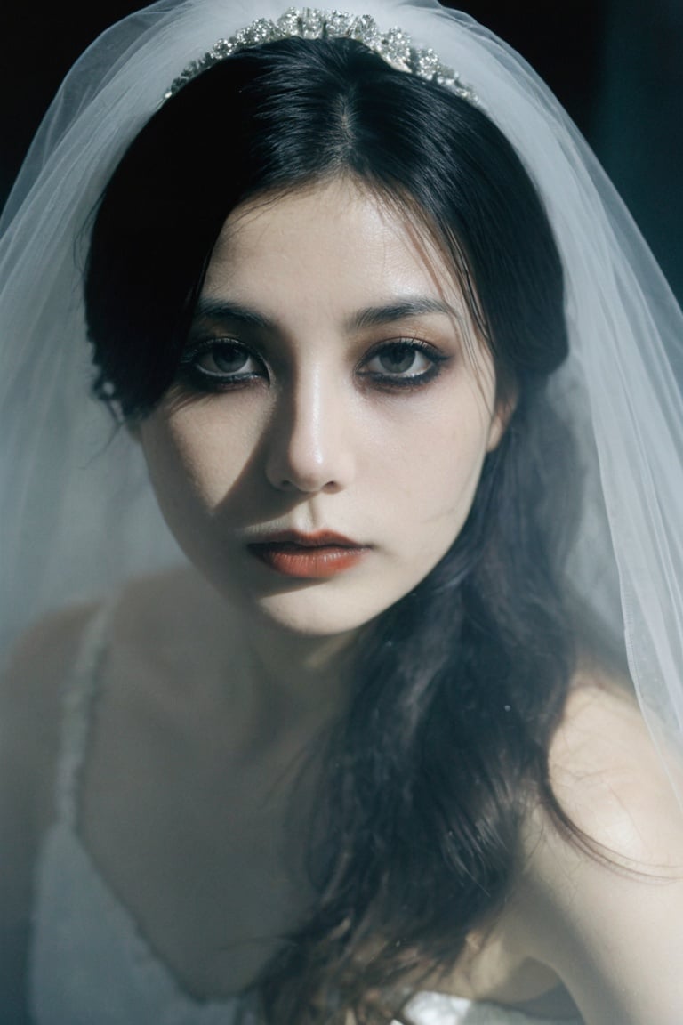 1girl,black eyes,sexy lips,tyndall effect,wedding dress,foggy,dark shadow photography,surreal dramatic lighting shadow (lofi, analog),no makeup,close-up,