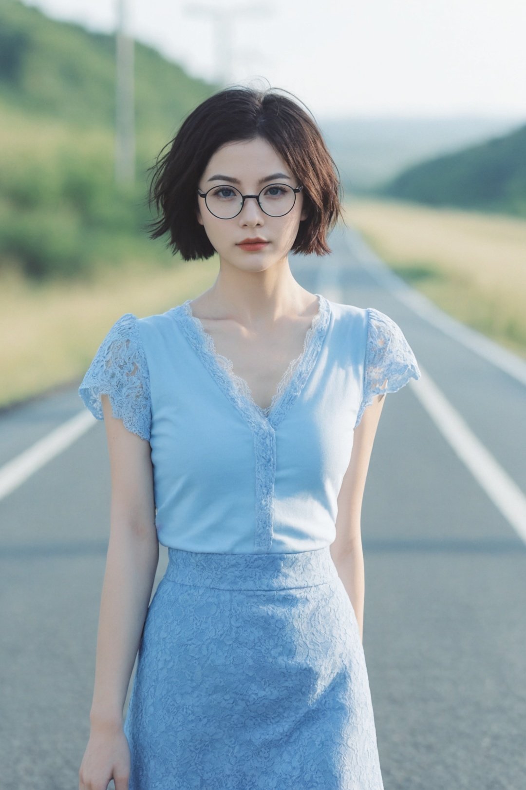 a woman is on the road,wearing glasses,realistic,reality,black eyes,sexy lips,shoulder length short hair,blue v-neck skirt,lace edging,grassland,