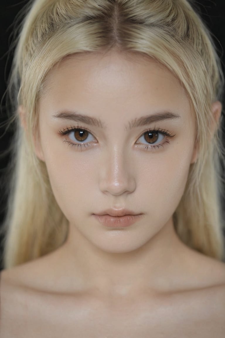 1girl,brown eyes,raw photo,an eye contact of ((blond)) 28 y.o. with bun hair and dark theme,((gorgeouse face)),