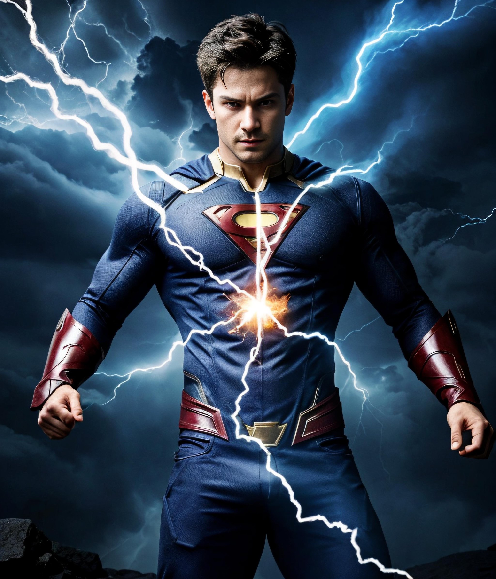 male superhero with magical abilities, conjuring elements like fire and lightning, emanating an aura of mystique.