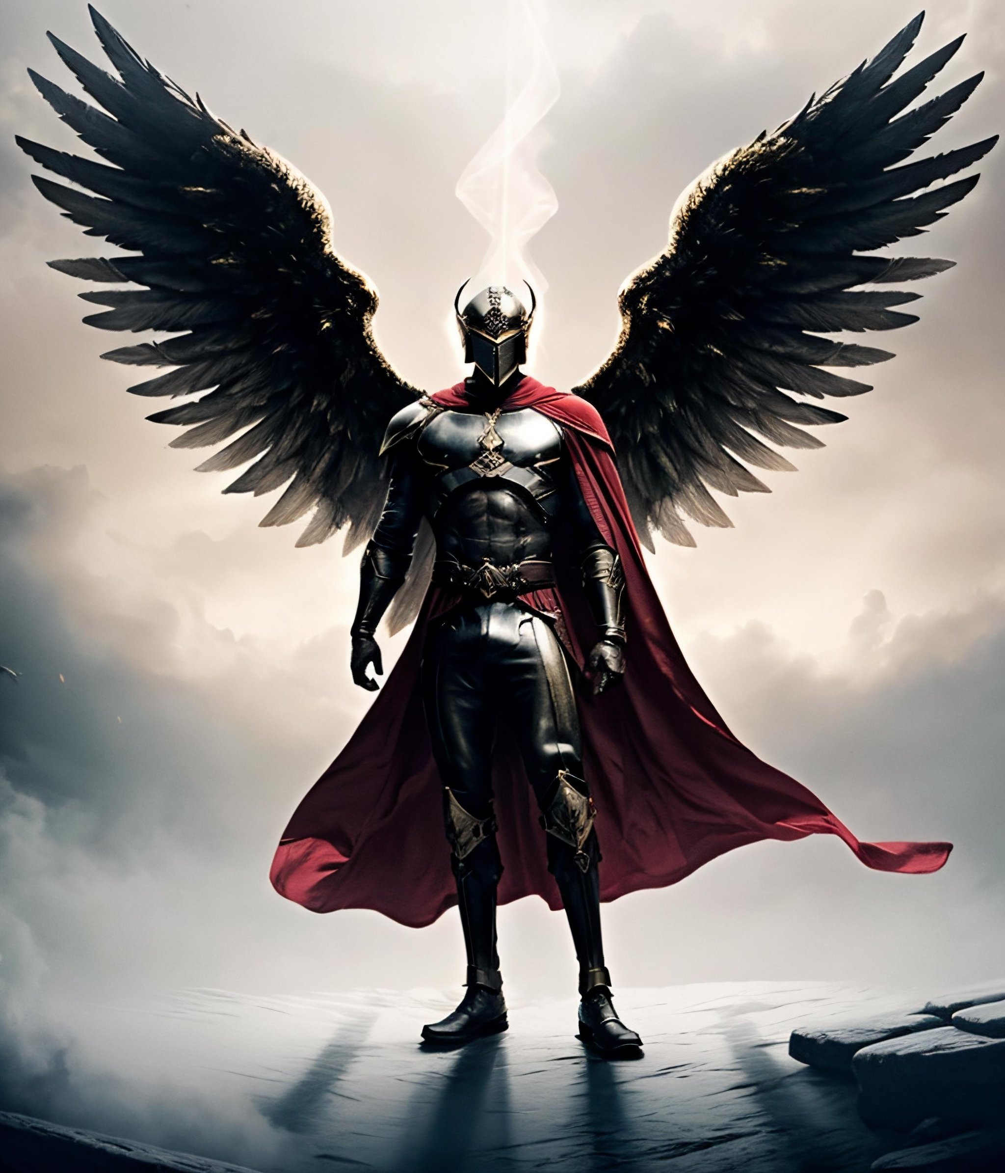 Highly detailed, High Quality, Masterpiece, beautiful, 1male, solo, KatanaOneHand, malenia_blade, cursed_left_arm, winged helmet, red cape, covered eyes, full body, <lora:AngelsM:0.6>, angel wings, beautiful wings