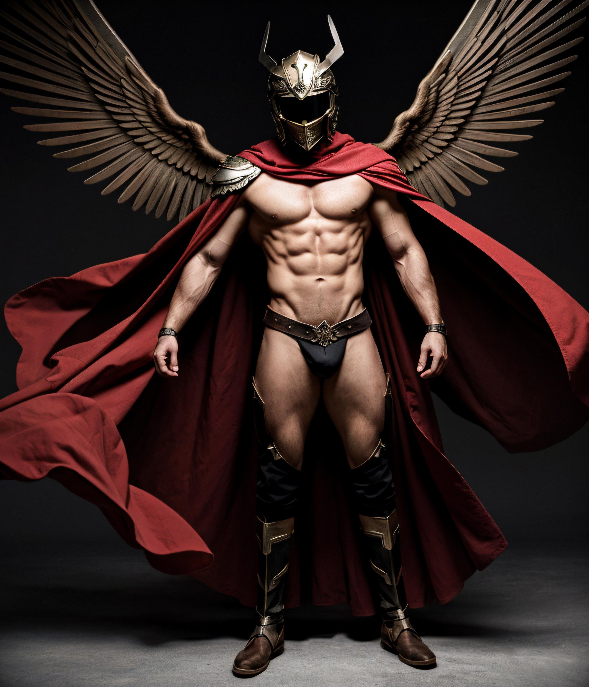 Highly detailed, High Quality, Masterpiece, beautiful, 1male, solo, KatanaOneHand, malenia_blade, cursed_left_arm, winged helmet, red cape, covered eyes, full body,